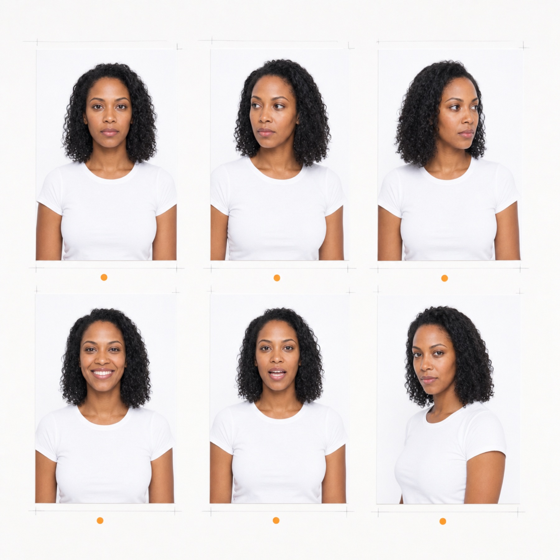 Twelve printed portrait contact sheets of the same synthetic creator, annotated in graphite and orange