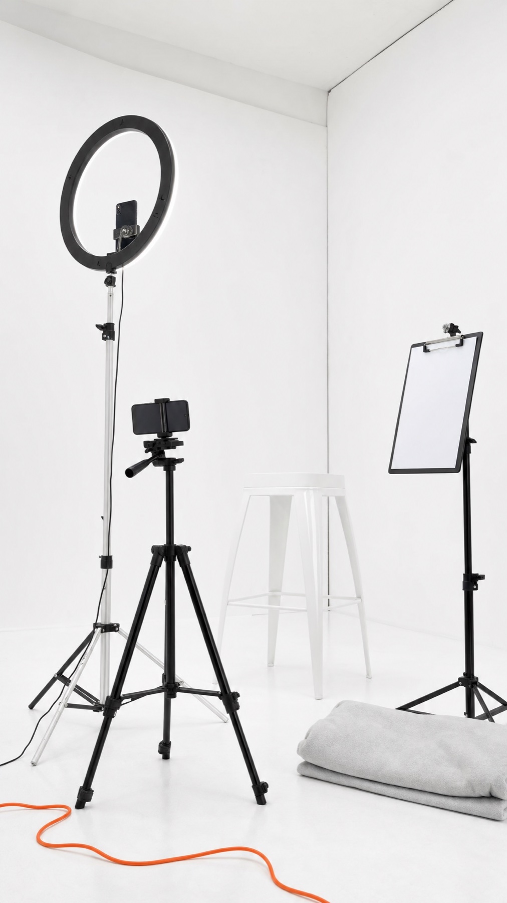 A phone on a tripod filming an empty stool under a ring light, with character reference sheets pinned behind
